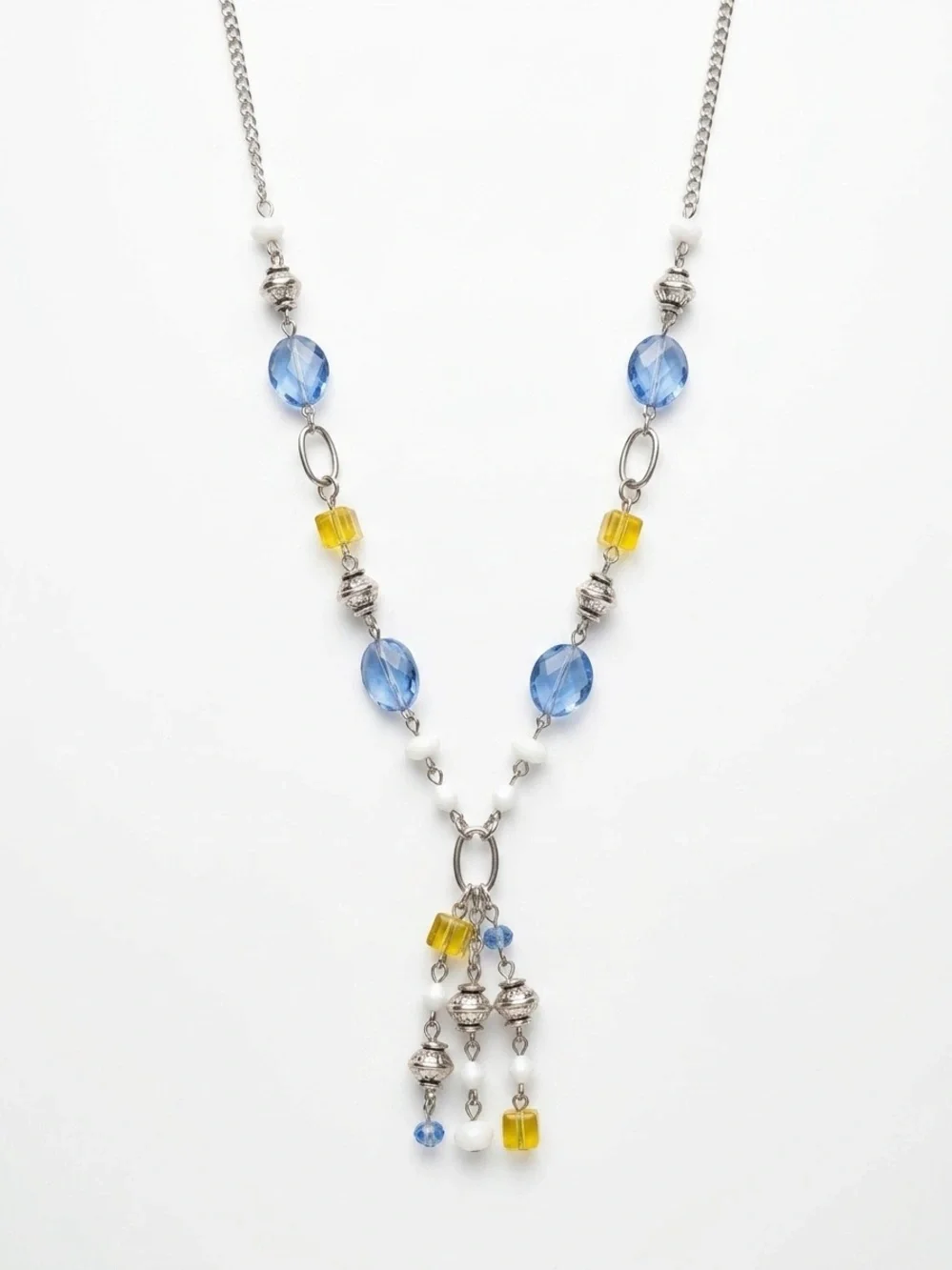 Silver-Tone Blue and Yellow Beaded Tassel Necklace Excellent Condition